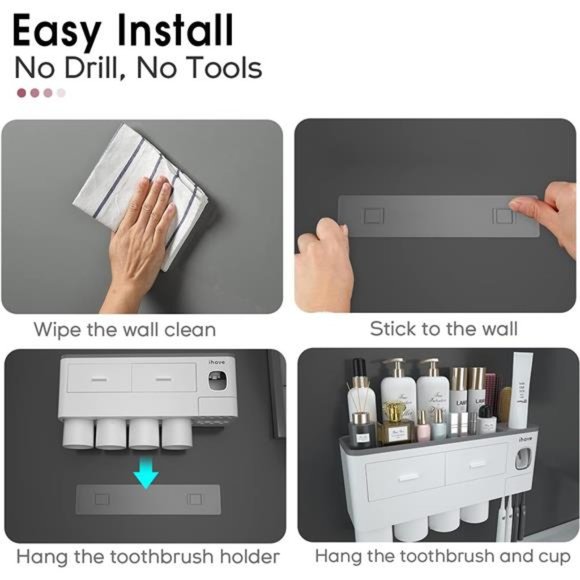 Toothbrush Holders for Bathrooms, 4 Cups Toothbrush Holder Wall Mounted - Picture 6 of 7